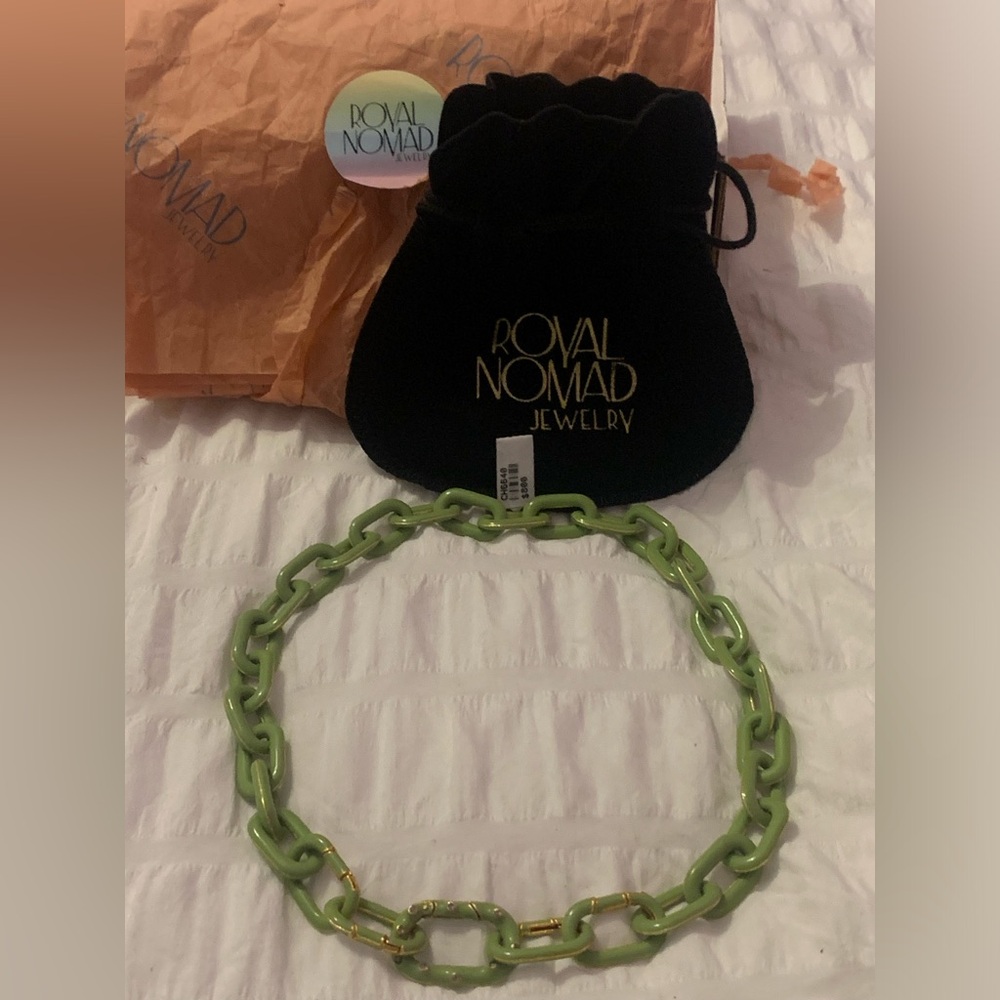 Royal Nomad Plated Gold Green Link Necklace with Diamonds - Picture 1 of 8